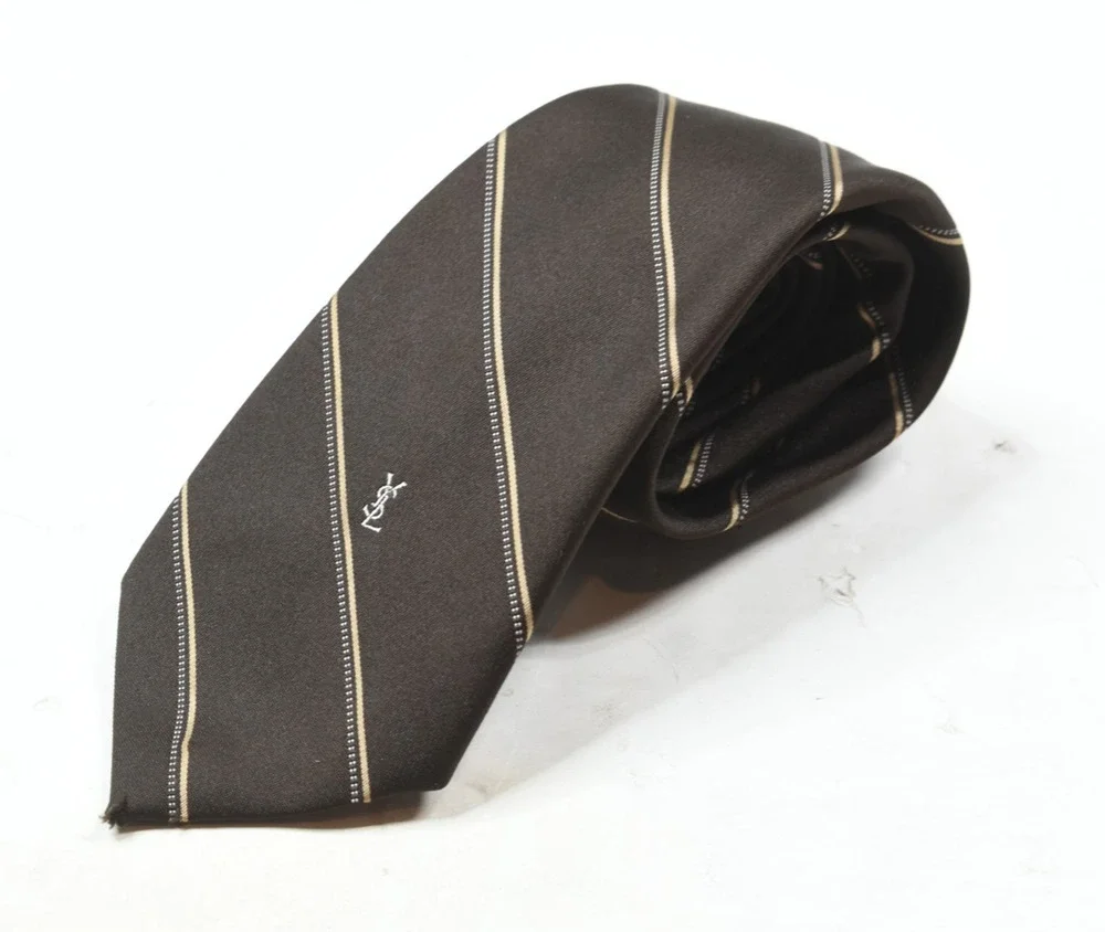 Vintage Yves Saint Lauren Neck Tie Mens Brown Striped Classic YSL
